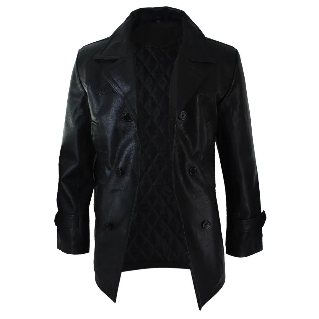 Mens 3/4 Double Breasted Real Leather Dr Who Kreigsmarine Uboat Jacket