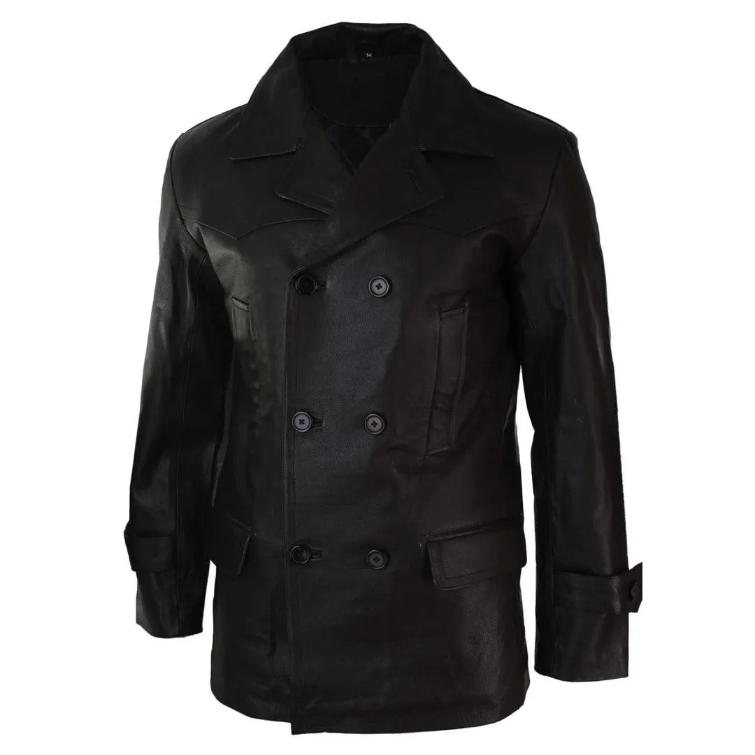Mens 3/4 Double Breasted Real Leather Dr Who Kreigsmarine Uboat Jacket