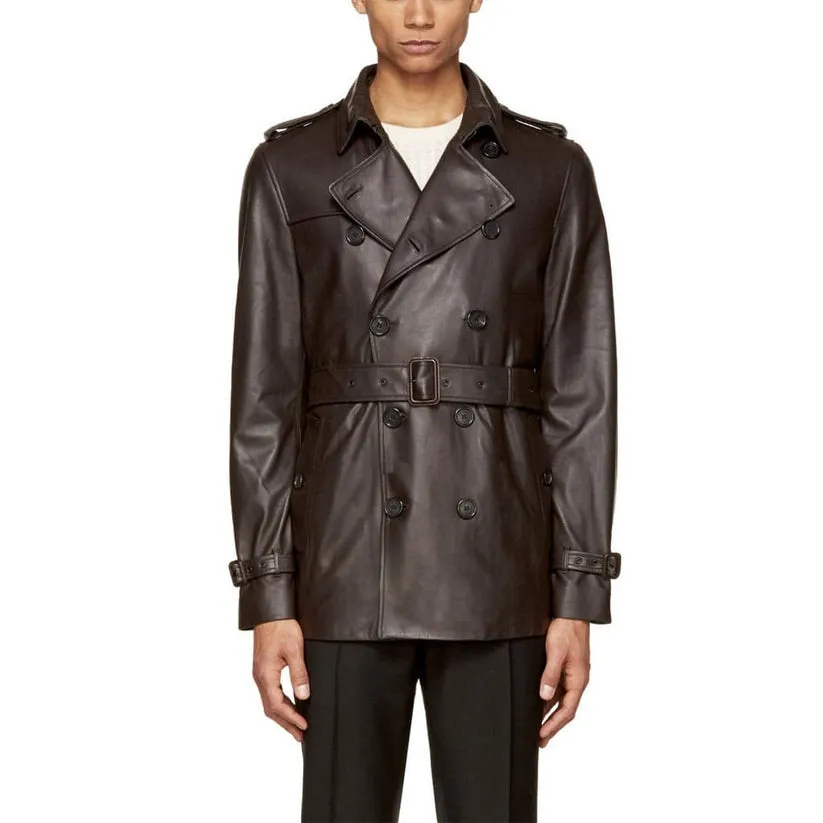 Men's Double-Breasted Lambskin Leather Trench Coat with Belt