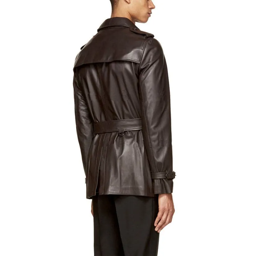 Men's Double-Breasted Lambskin Leather Trench Coat with Belt