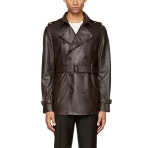 Men's Double-Breasted Lambskin Leather Trench Coat with Belt
