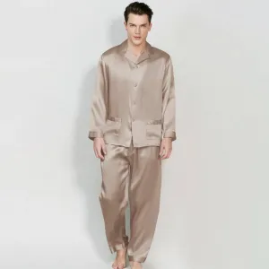 Mens Long Sleeves Silk Pyjamas Set 100% Mulberry Silk Two Piece Solid Nightwear Sleepwear