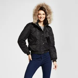 Mossimo Women's Faux Fur Bomber Jacket Coat Parka Black Medium