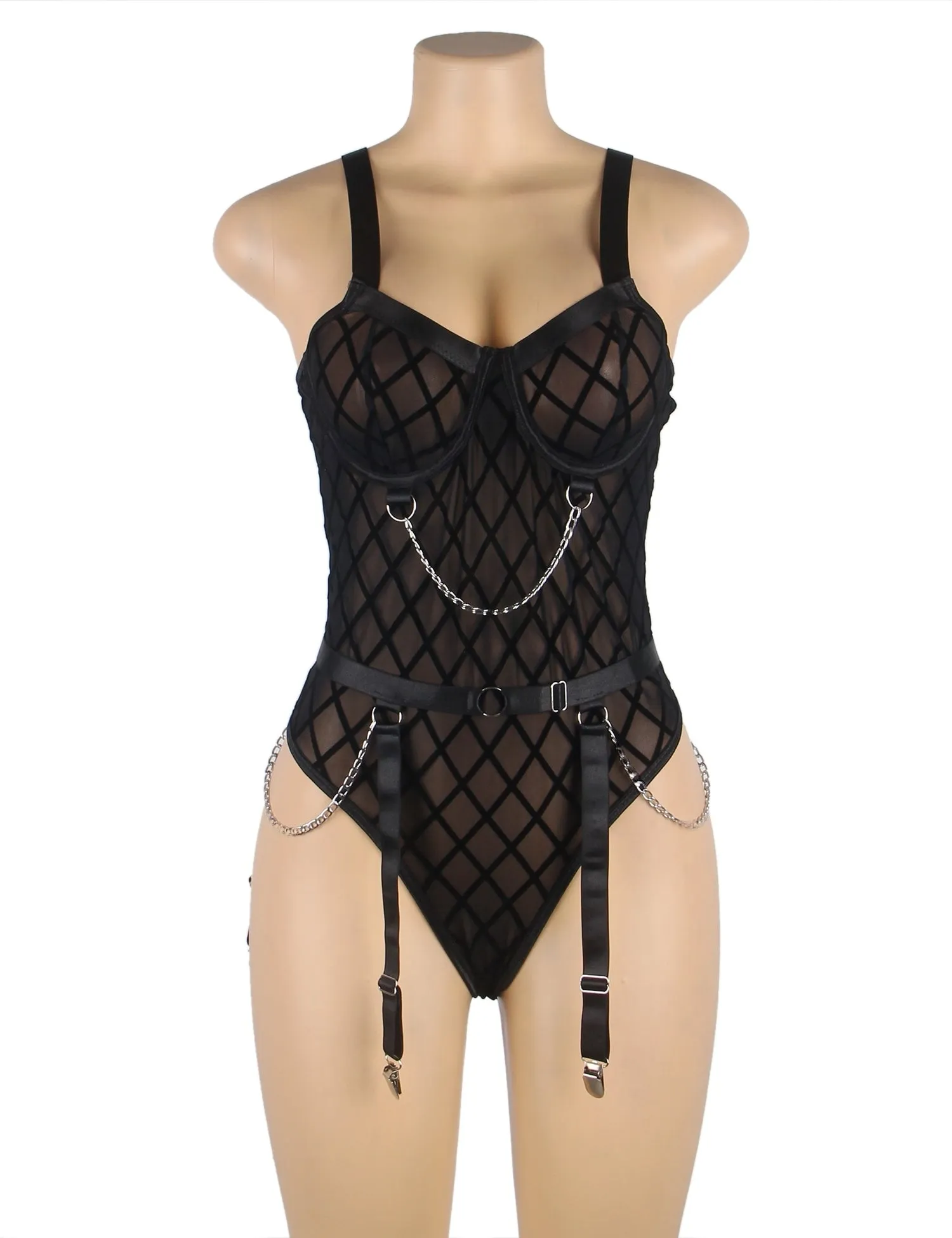 New Black Mesh Chain Bodysuit Hot Lingerie