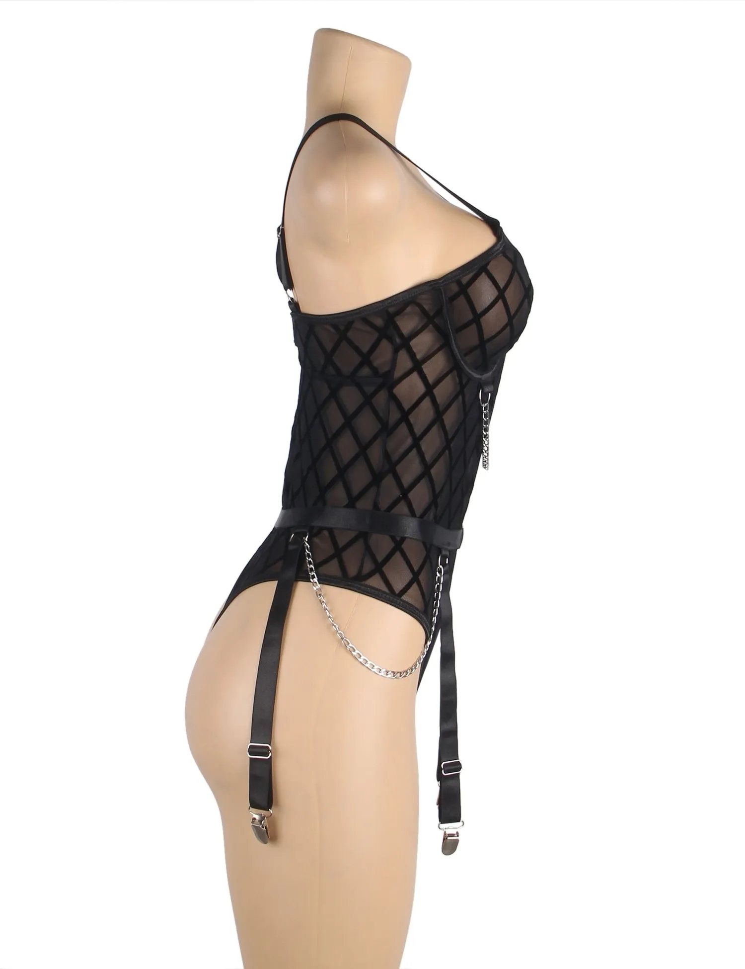 New Black Mesh Chain Bodysuit Hot Lingerie
