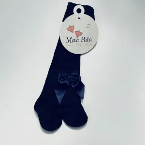 New In Meia Pata Navy Satin Bow Tights