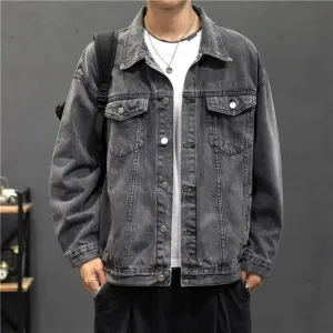 NEW REDHOTYPE New Denim Jacket Men Vintage Jean Coats Streetwear Fashion Jean Jacket Men Turn Down Collar Denim Outerwear Cotton Bomber Jacket, Grey, Sz L