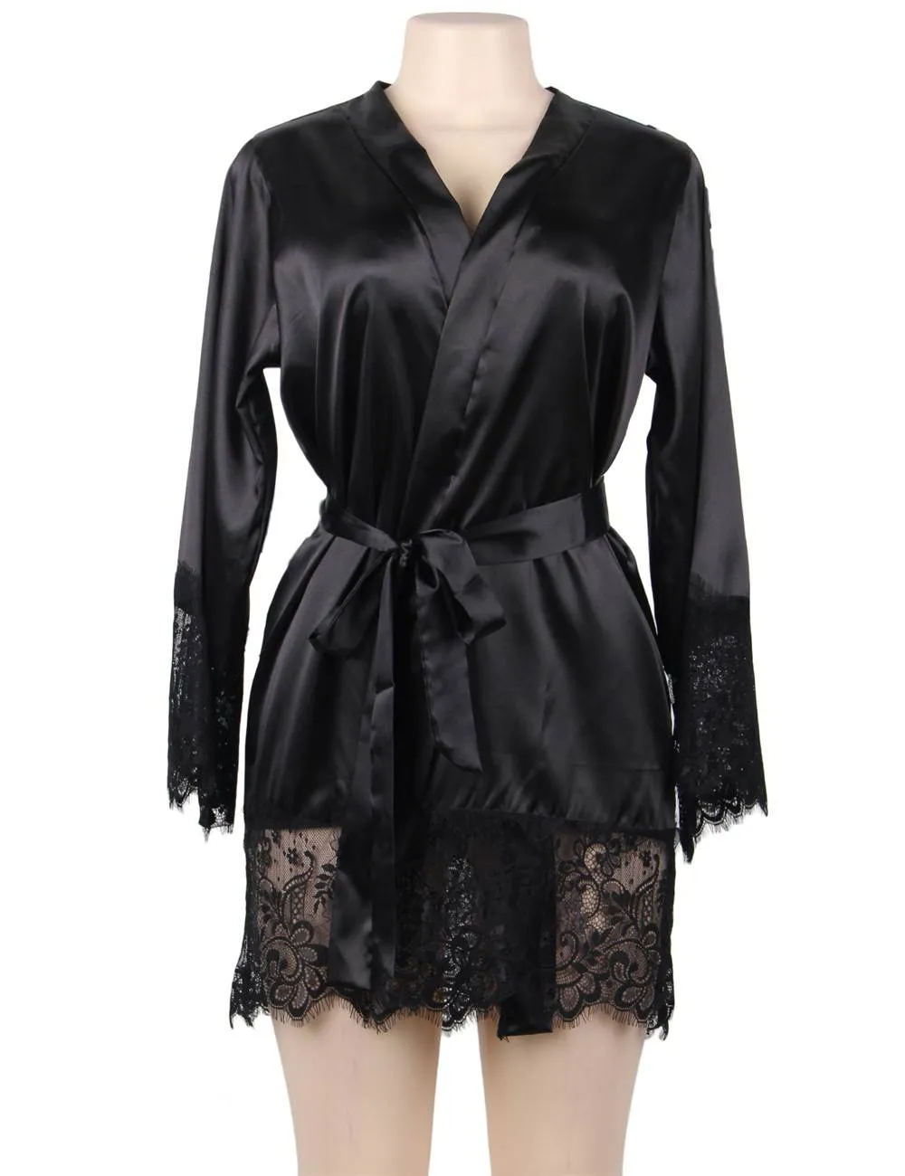 New Silk Satin Lace Sexy Women Kimono Home Pajamas