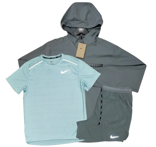 Nike Miler T-Shirt - Form GFX Windrunner - Flex Stride Shorts Outfit - Mineral Green/Grey/Grey