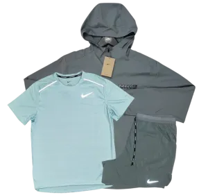 Nike Miler T-Shirt - Form GFX Windrunner - Flex Stride Shorts Outfit - Mineral Green/Grey/Grey