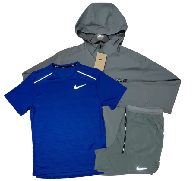 Nike Miler T-Shirt - Form GFX Windrunner - Flex Stride Shorts Outfit - Royal Blue/Grey/Grey
