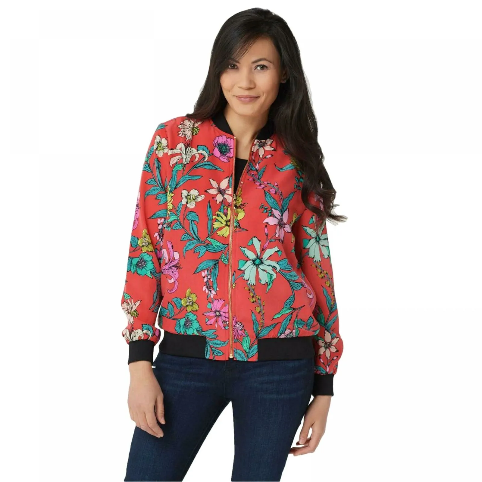 NWT Susan Graver Women's Floral Peachskin Bomber Jacket. A351018-Reg X-Large