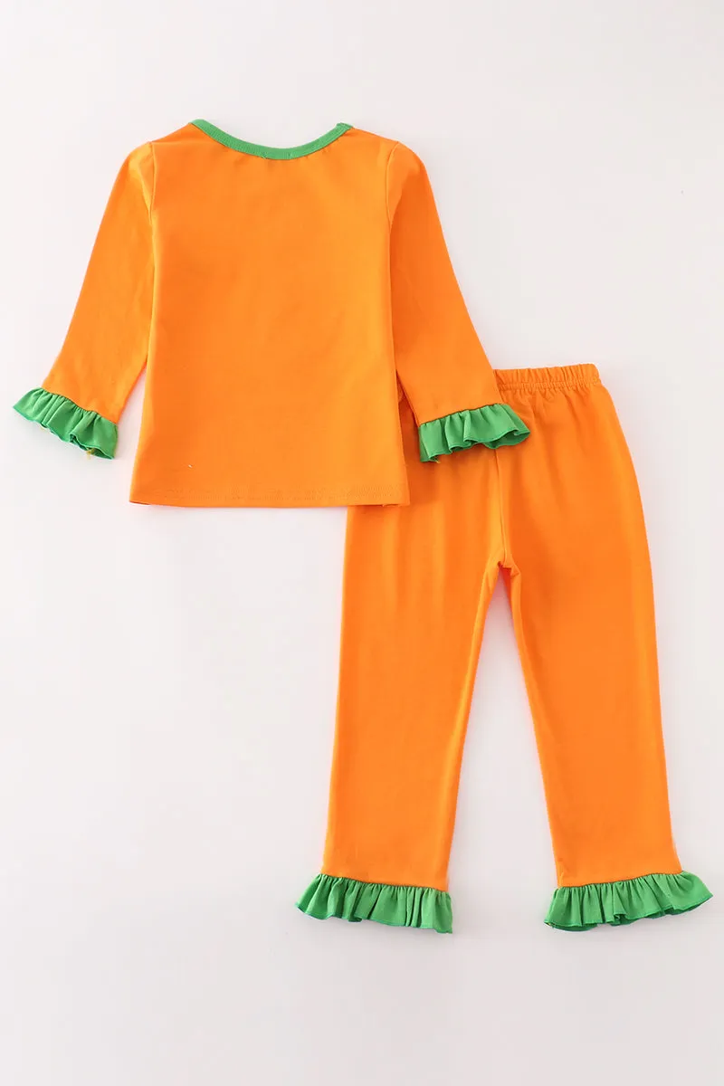 Orange Halloween Embroidery Girl Pajamas Set