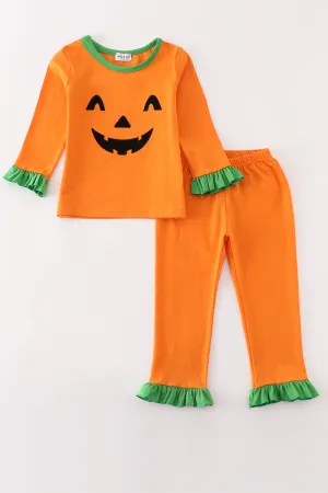 Orange Halloween Embroidery Girl Pajamas Set