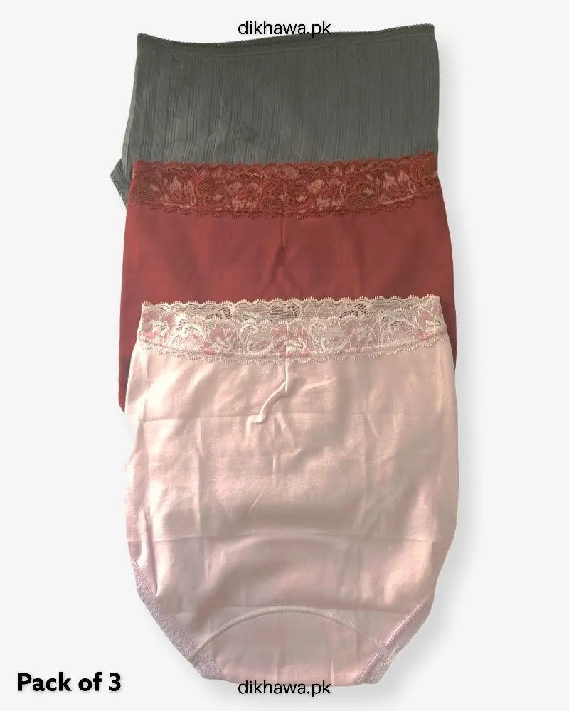 Pack of 3 Cotton High Waist Hipster With Lace Panels Panties - Soft Cotton Stretchable Jersey Panty