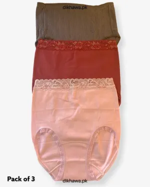 Pack of 3 Cotton High Waist Hipster With Lace Panels Panties - Soft Cotton Stretchable Jersey Panty