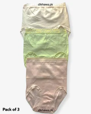 Pack of 3 Cotton High Waist Hipster With Lace Panels Panties - Soft Cotton Stretchable Jersey Panty