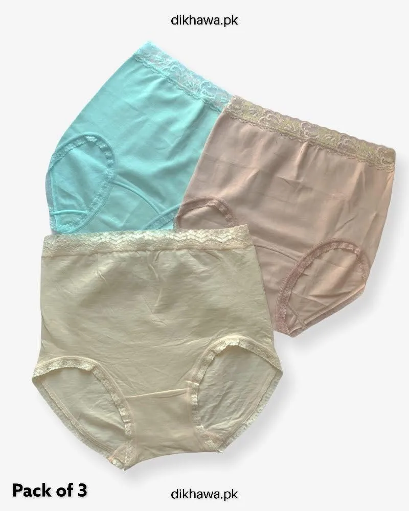 Pack of 3 Cotton High Waist Hipster With Lace Panels Panties - Soft Cotton Stretchable Jersey Panty