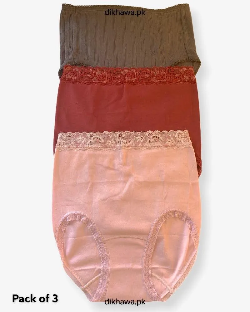 Pack of 3 Cotton High Waist Hipster With Lace Panels Panties - Soft Cotton Stretchable Jersey Panty
