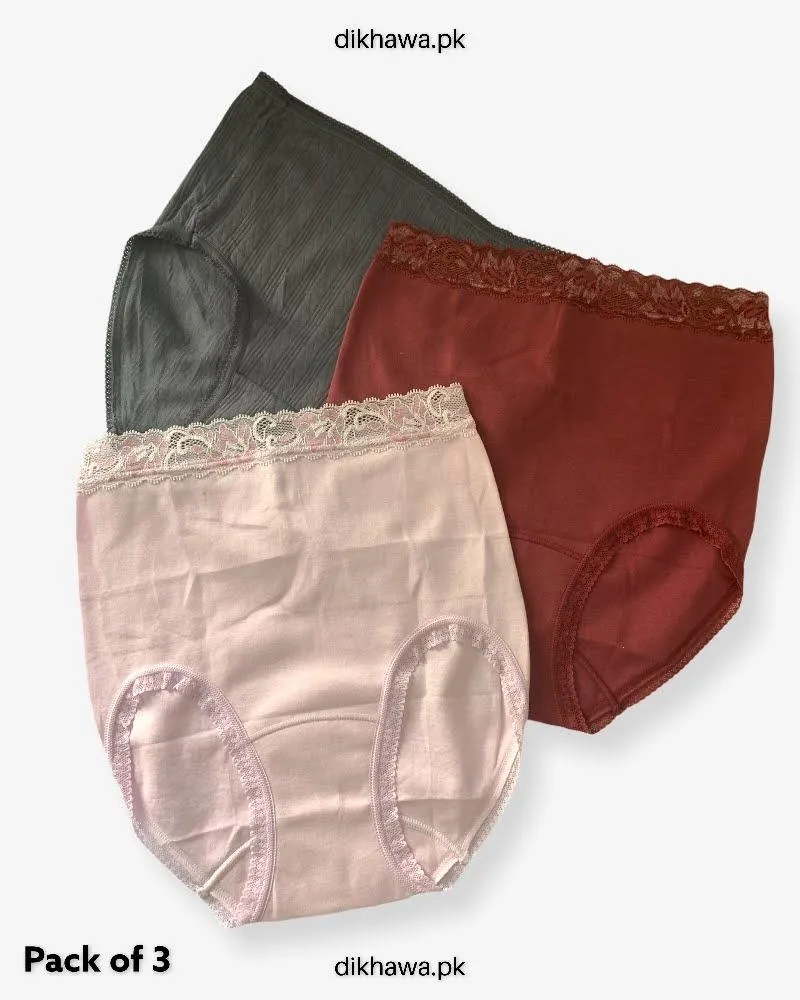 Pack of 3 Cotton High Waist Hipster With Lace Panels Panties - Soft Cotton Stretchable Jersey Panty