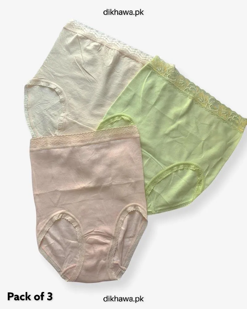 Pack of 3 Cotton High Waist Hipster With Lace Panels Panties - Soft Cotton Stretchable Jersey Panty