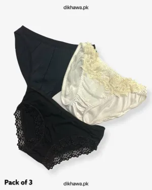 Pack of 3 Imported Stocklot Branded Net Panty With Silk Mid Waist Hipster Panty With Lace Panty