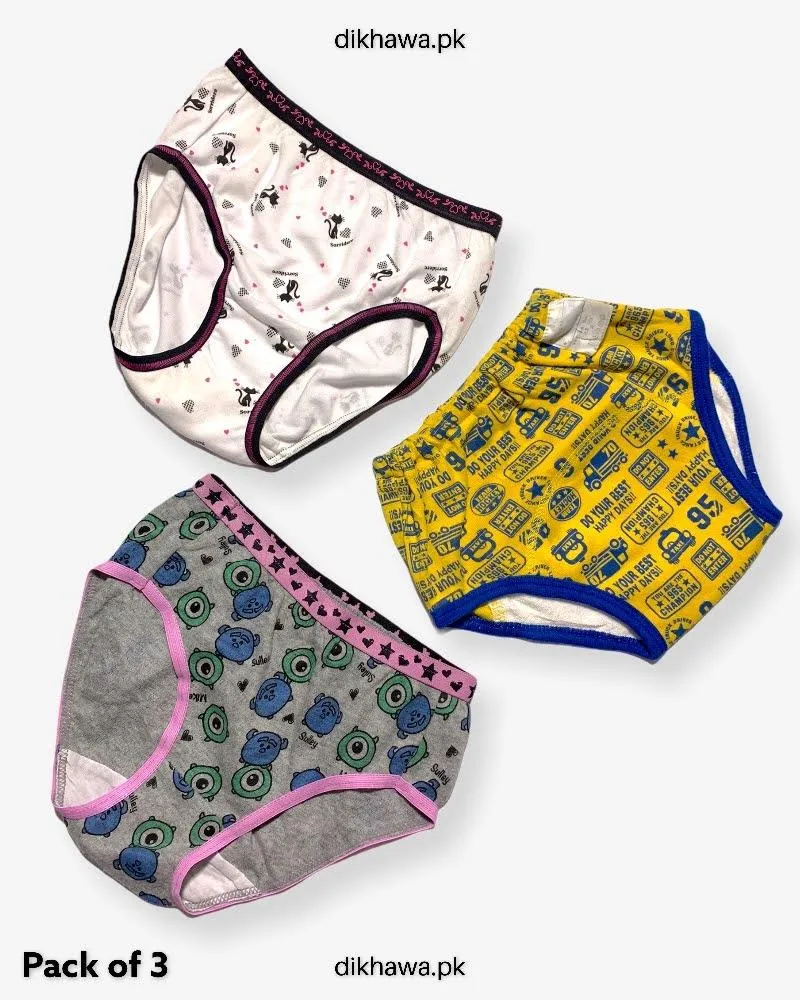 Pack of 3 Kids Panty Imported Stocklot Branded Girls Pure Cotton Printed Briefs Underwear Panty Combo