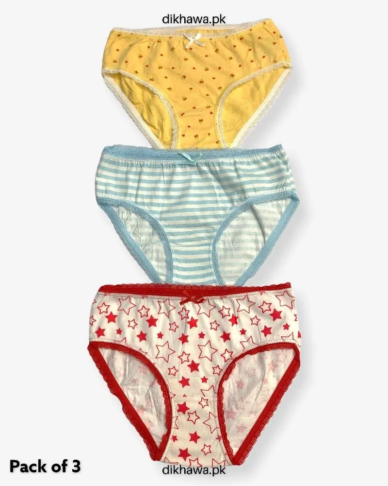 Pack of 3 Kids Panty Imported Stocklot Branded Girls Pure Cotton Printed Briefs Underwear Panty Combo