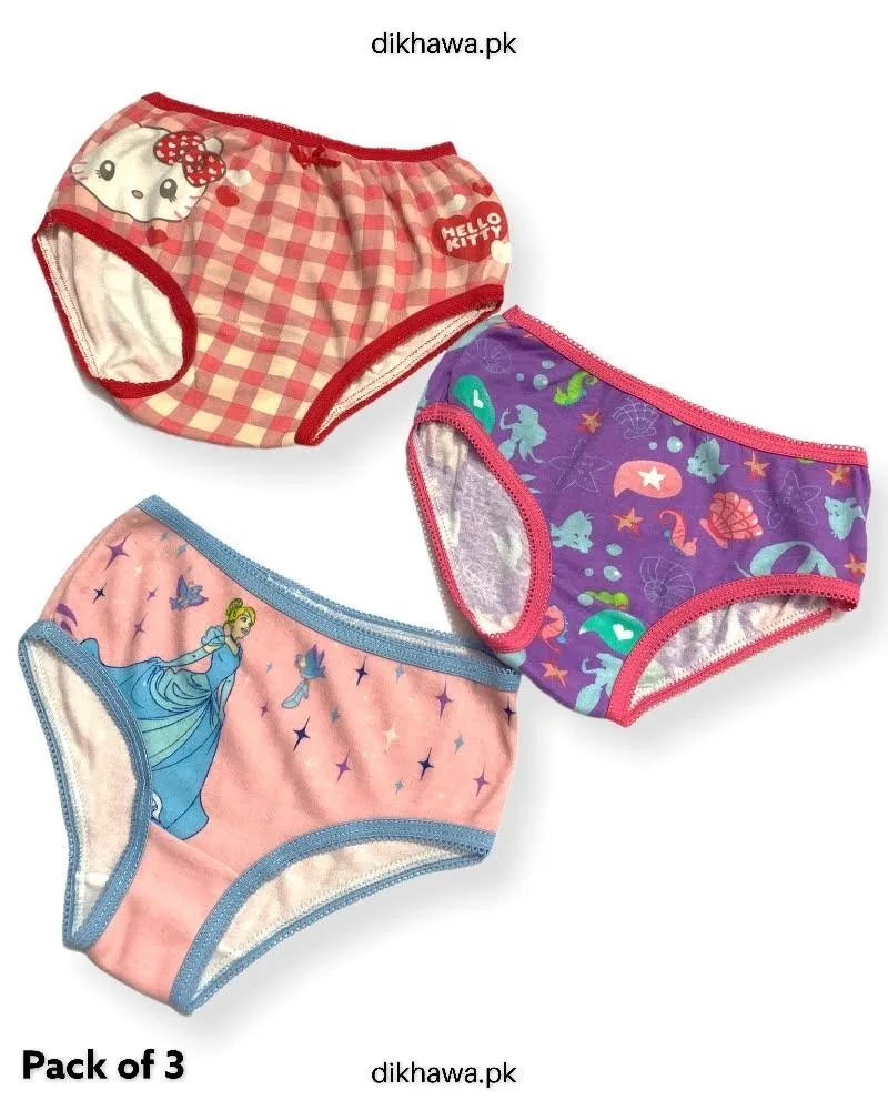 Pack of 3 Kids Panty Imported Stocklot Branded Girls Pure Cotton Printed Briefs Underwear Panty Combo