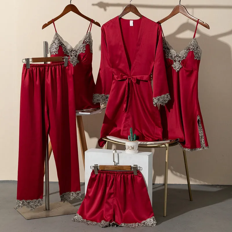 Pajamas Women Summer Ice Silk Sexy Five-piece Suspenders