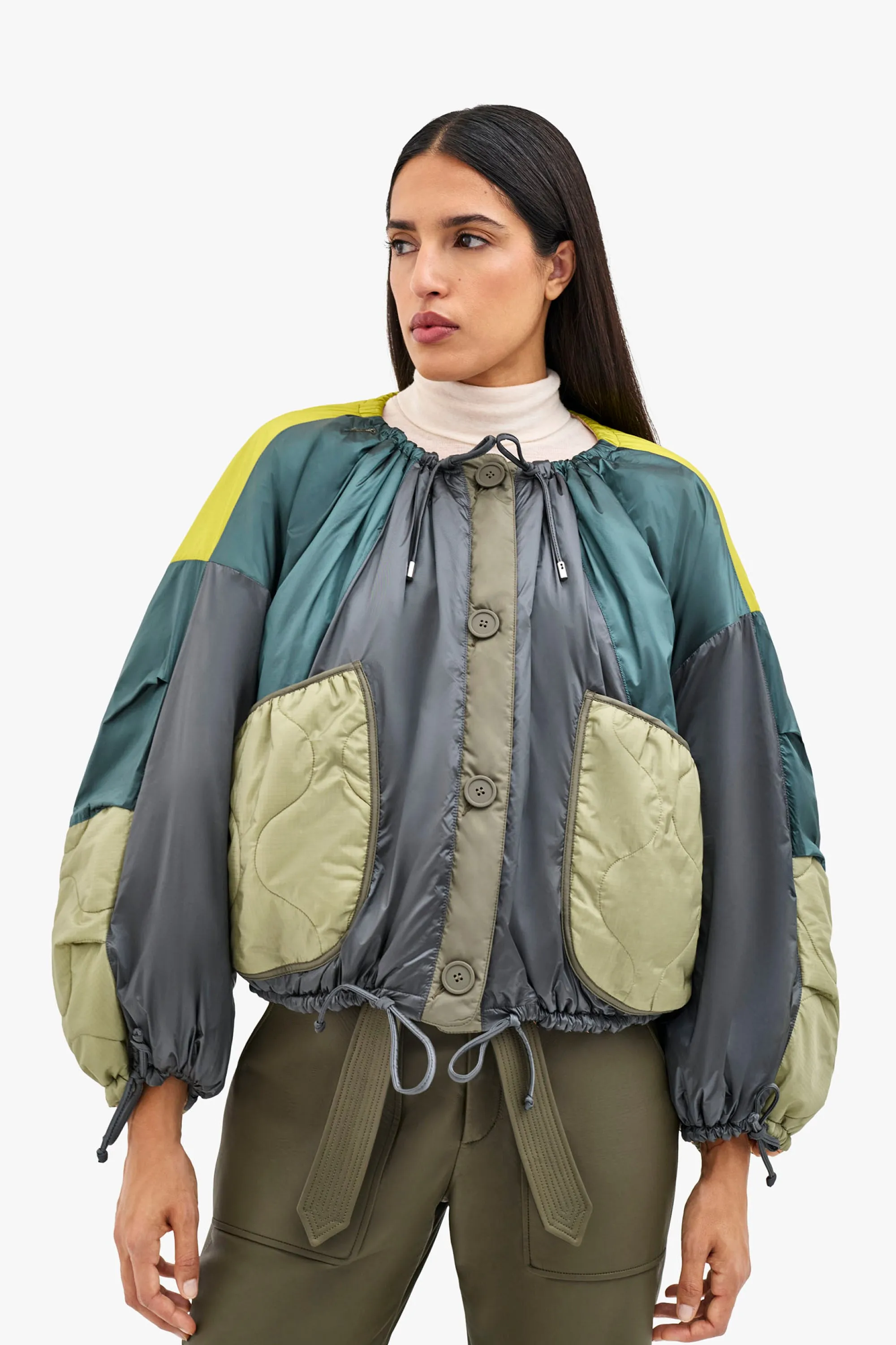 Patchwork Parachute Bomber - Mineral Green & Chartreuse / Soft Peach