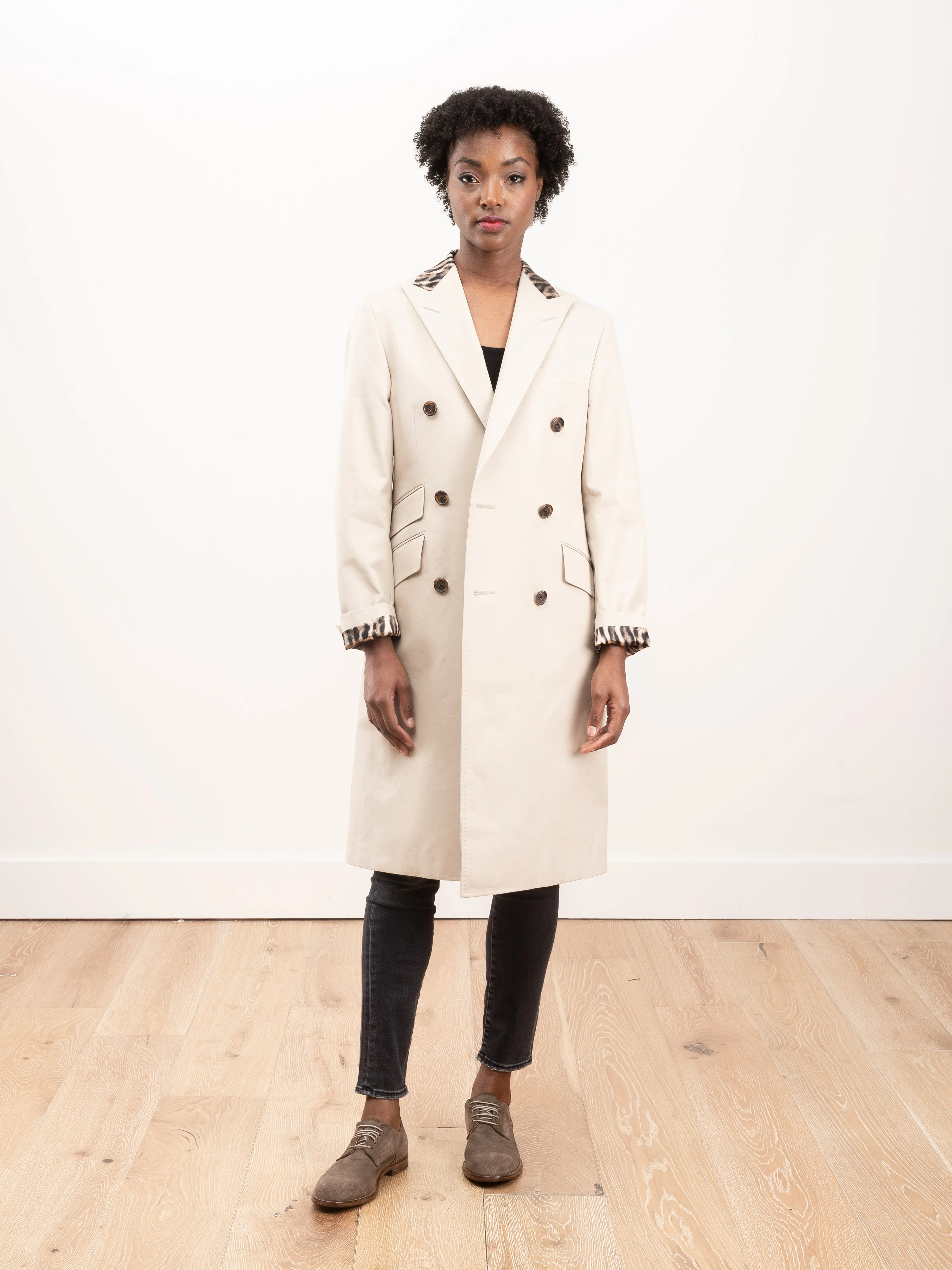peak lapel coat - stone w/ leopard