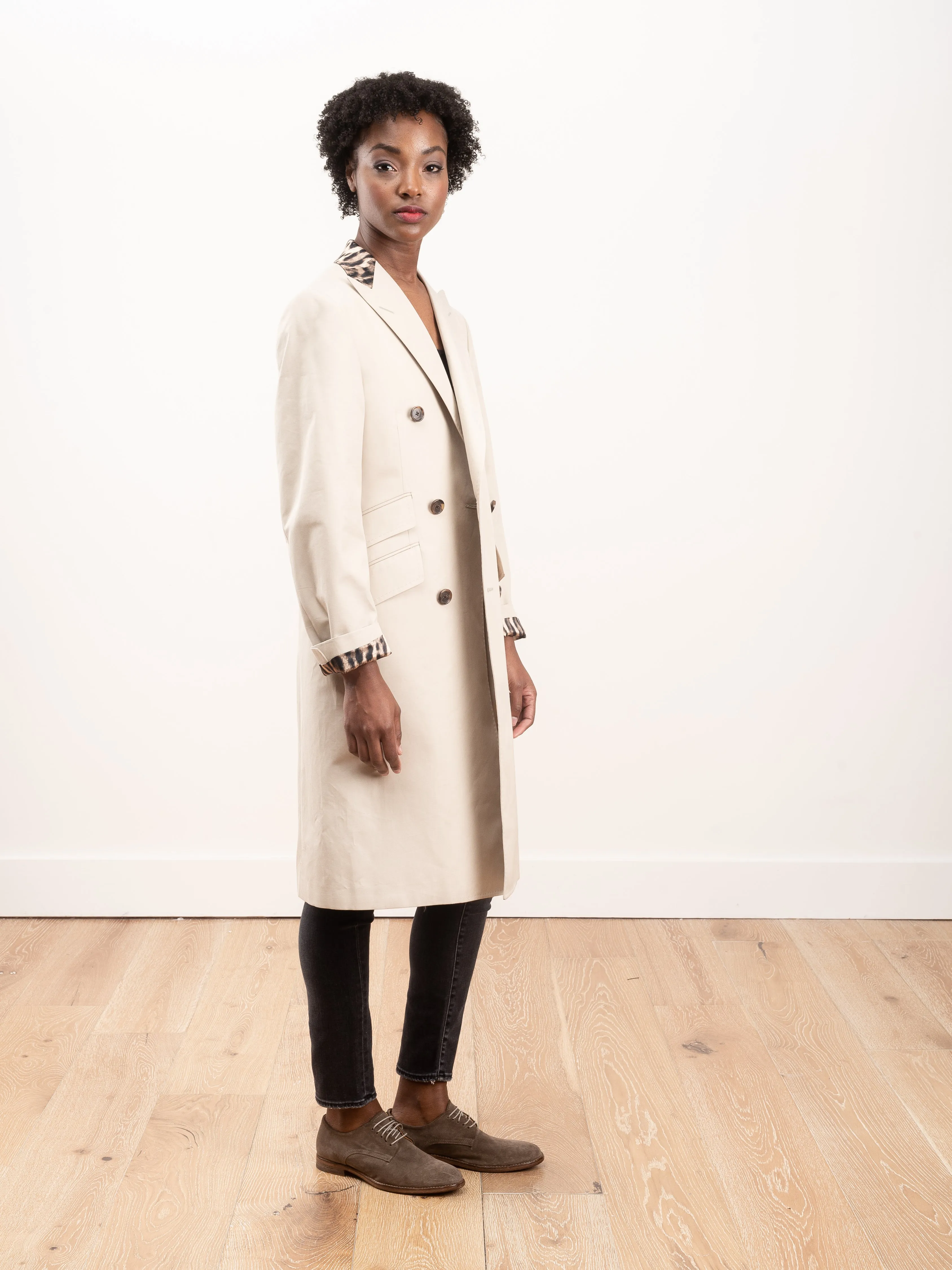 peak lapel coat - stone w/ leopard