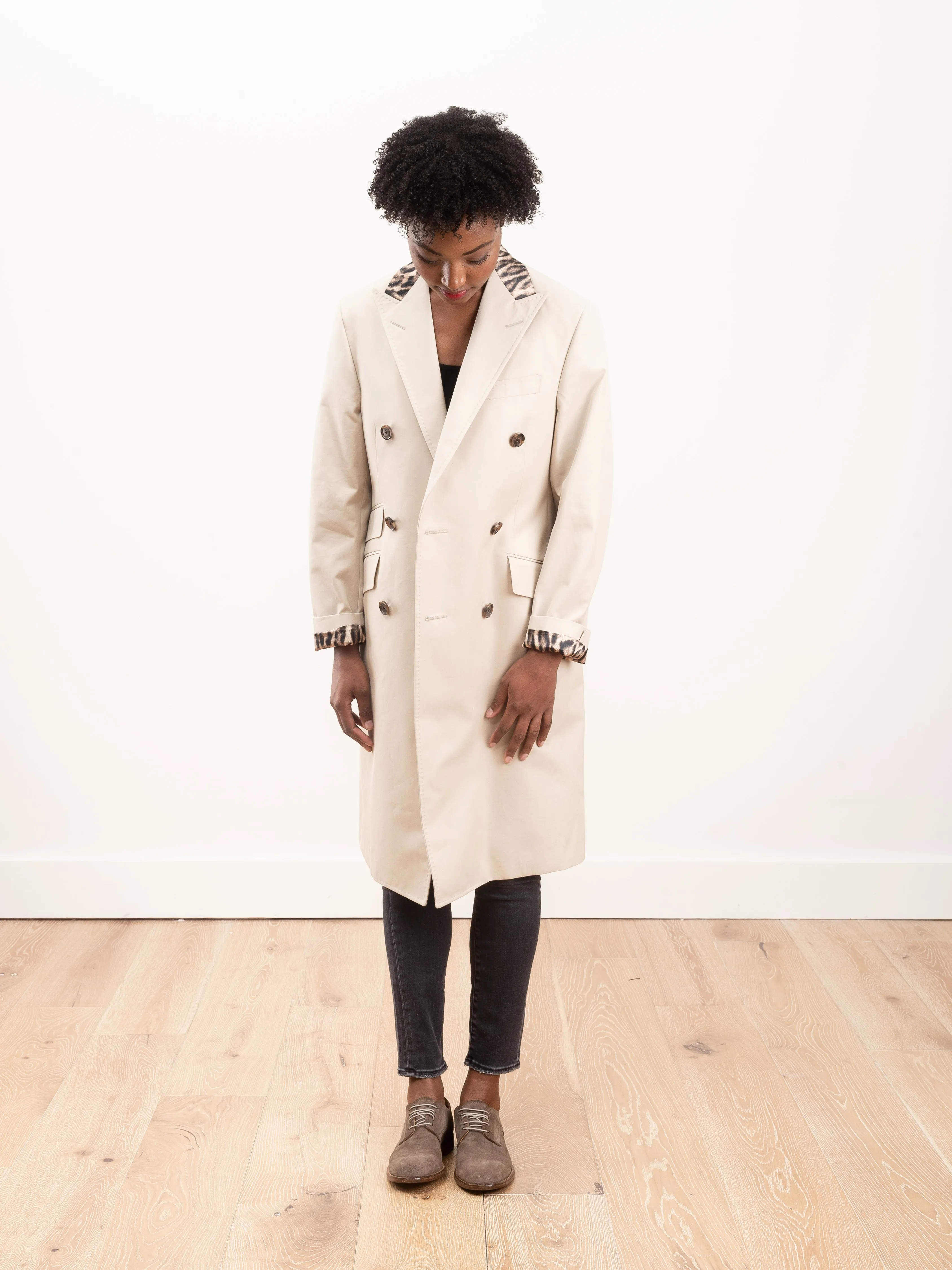 peak lapel coat - stone w/ leopard