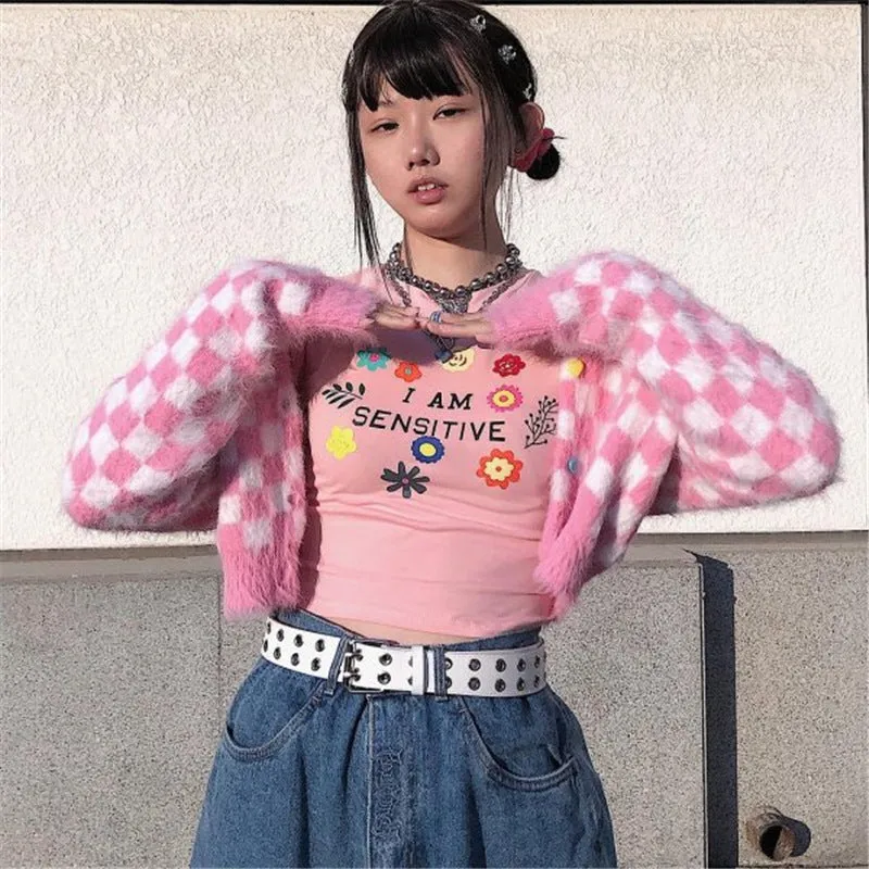 Pink Mink Single-breasted Checkerboard Navel Knitting Cardigan