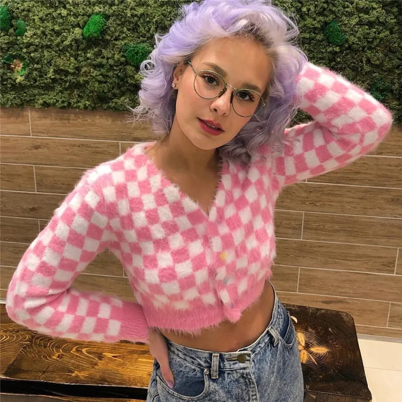 Pink Mink Single-breasted Checkerboard Navel Knitting Cardigan