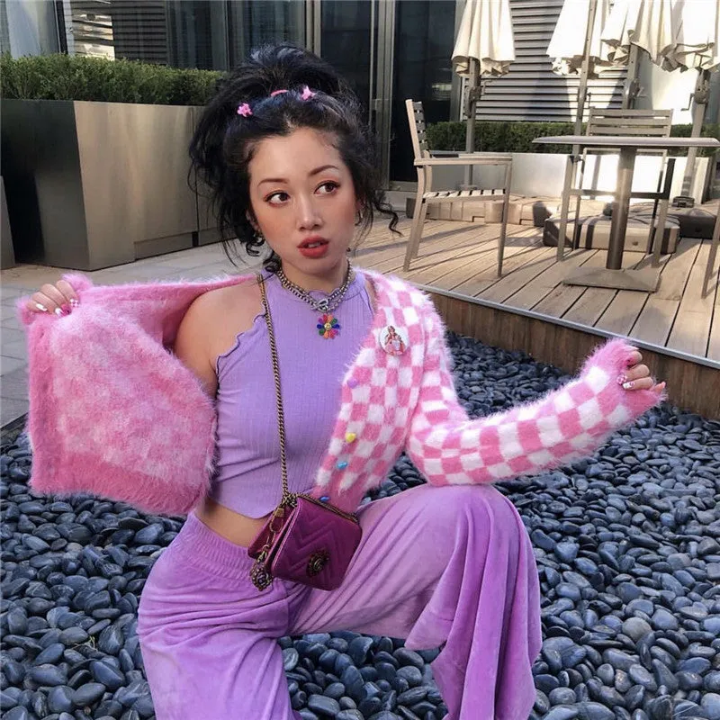 Pink Mink Single-breasted Checkerboard Navel Knitting Cardigan