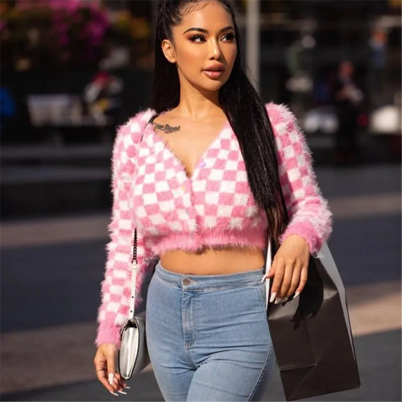 Pink Mink Single-breasted Checkerboard Navel Knitting Cardigan