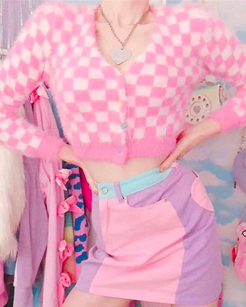 Pink Mink Single-breasted Checkerboard Navel Knitting Cardigan