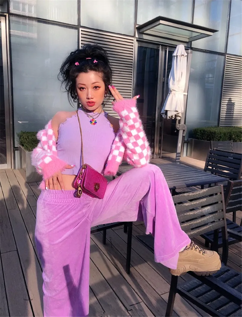 Pink Mink Single-breasted Checkerboard Navel Knitting Cardigan