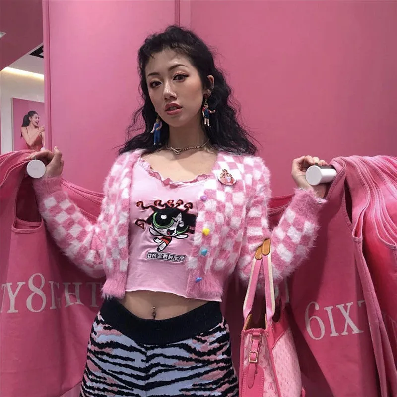 Pink Mink Single-breasted Checkerboard Navel Knitting Cardigan