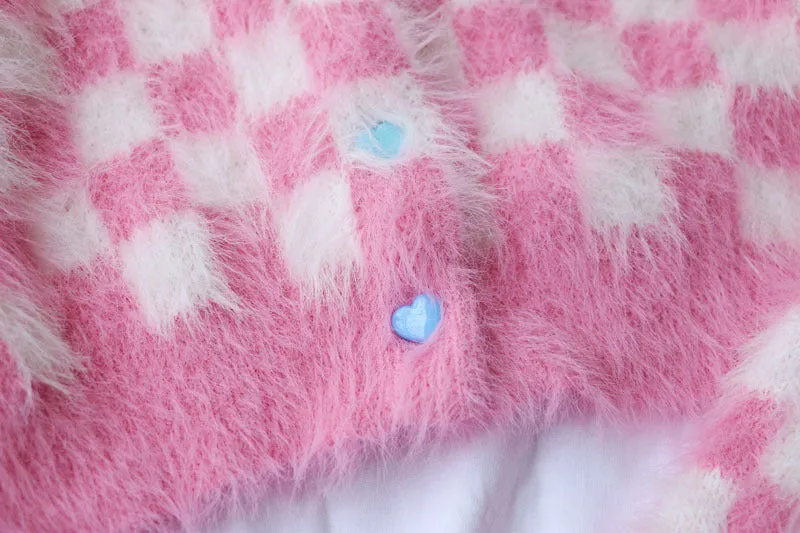 Pink Mink Single-breasted Checkerboard Navel Knitting Cardigan