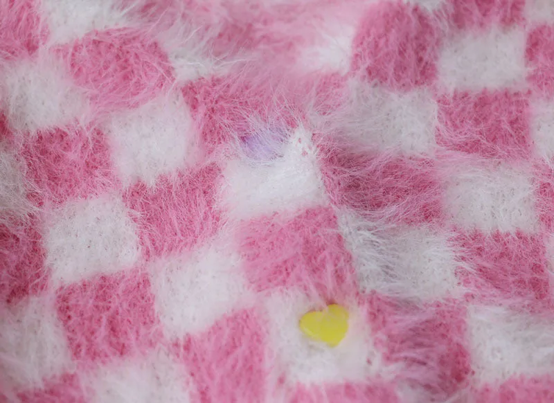 Pink Mink Single-breasted Checkerboard Navel Knitting Cardigan