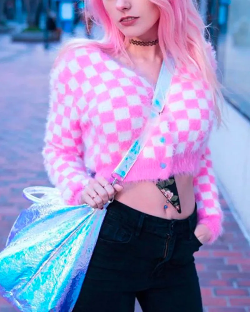 Pink Mink Single-breasted Checkerboard Navel Knitting Cardigan