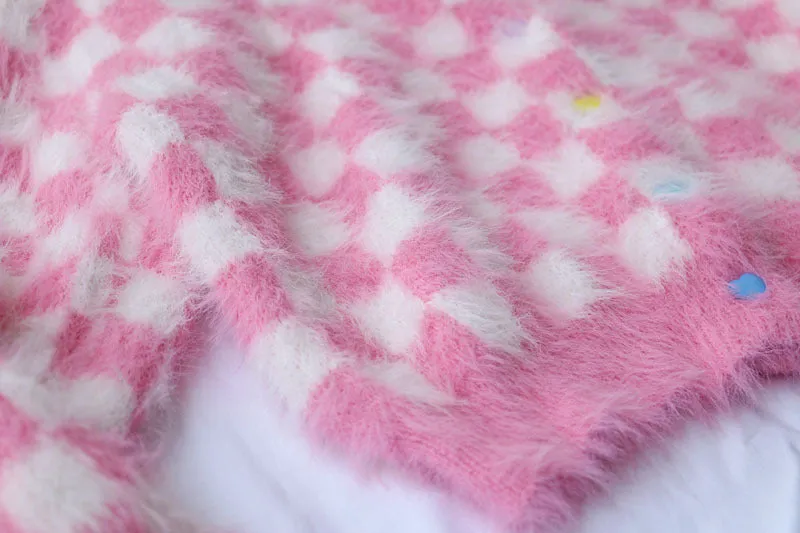 Pink Mink Single-breasted Checkerboard Navel Knitting Cardigan