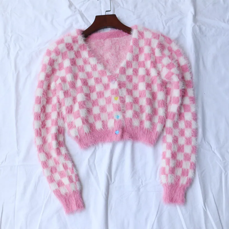 Pink Mink Single-breasted Checkerboard Navel Knitting Cardigan