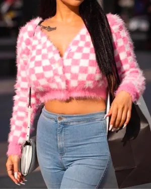 Pink Mink Single-breasted Checkerboard Navel Knitting Cardigan