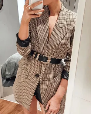 Plaid Lapel Double Breasted Blazers Outerwear