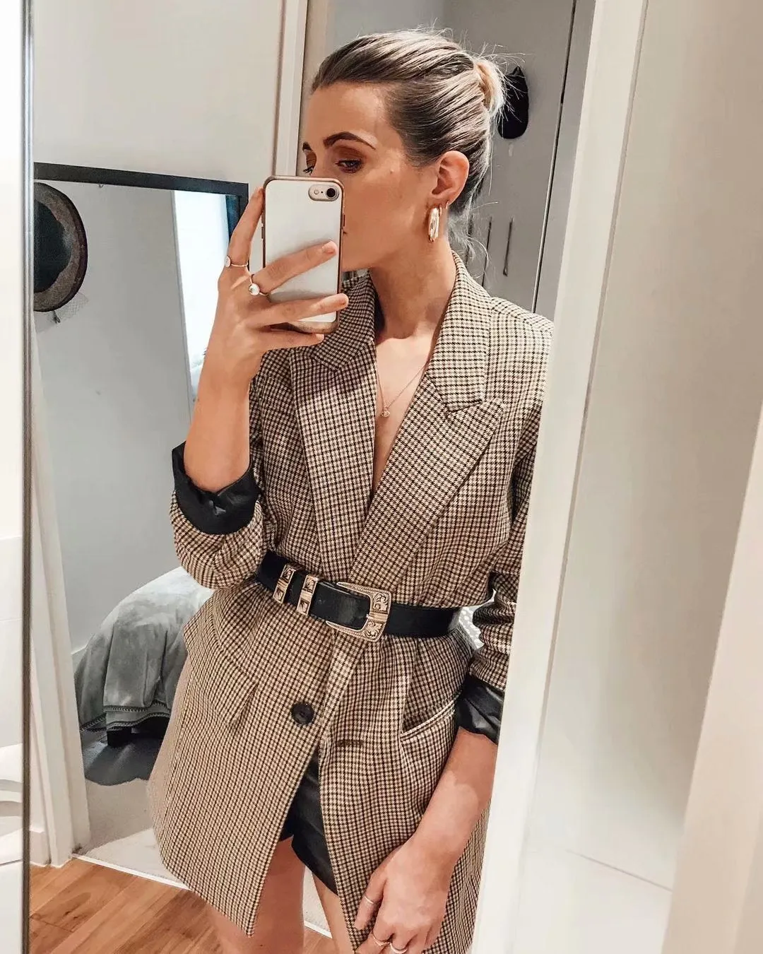 Plaid Lapel Double Breasted Blazers Outerwear