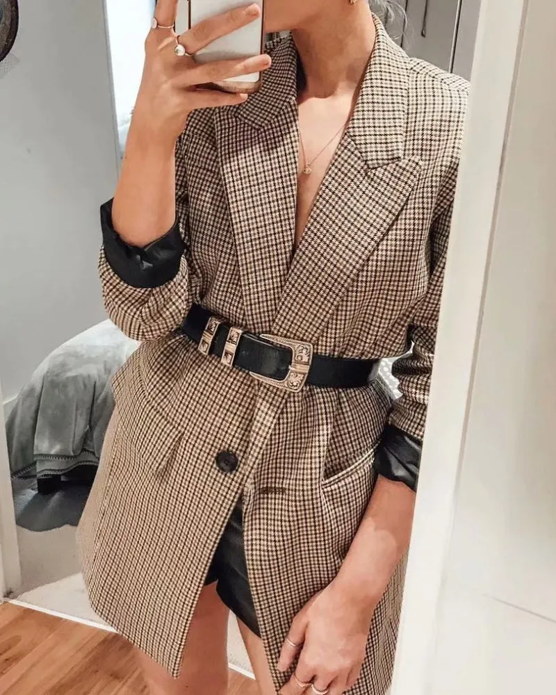 Plaid Lapel Double Breasted Blazers Outerwear